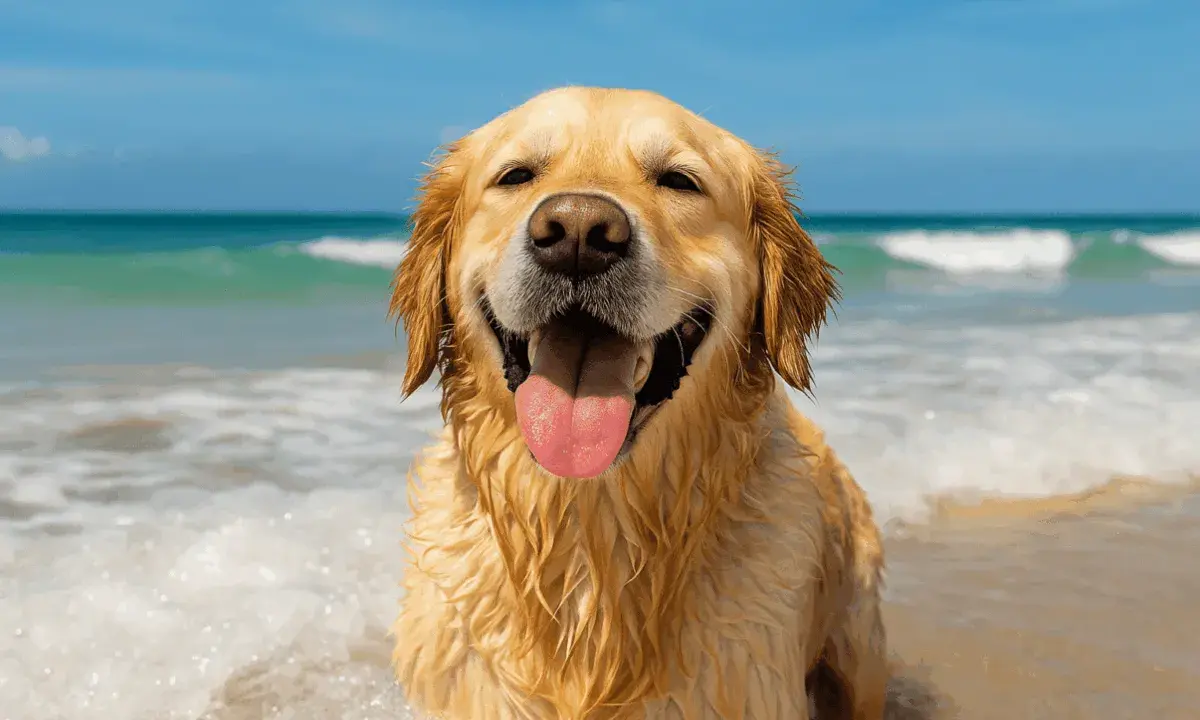 Golden retriever felice in acqua, con la lingua fuori. Chissà a quanti mesi posso portare il cane al mare per godersi questa gioia!