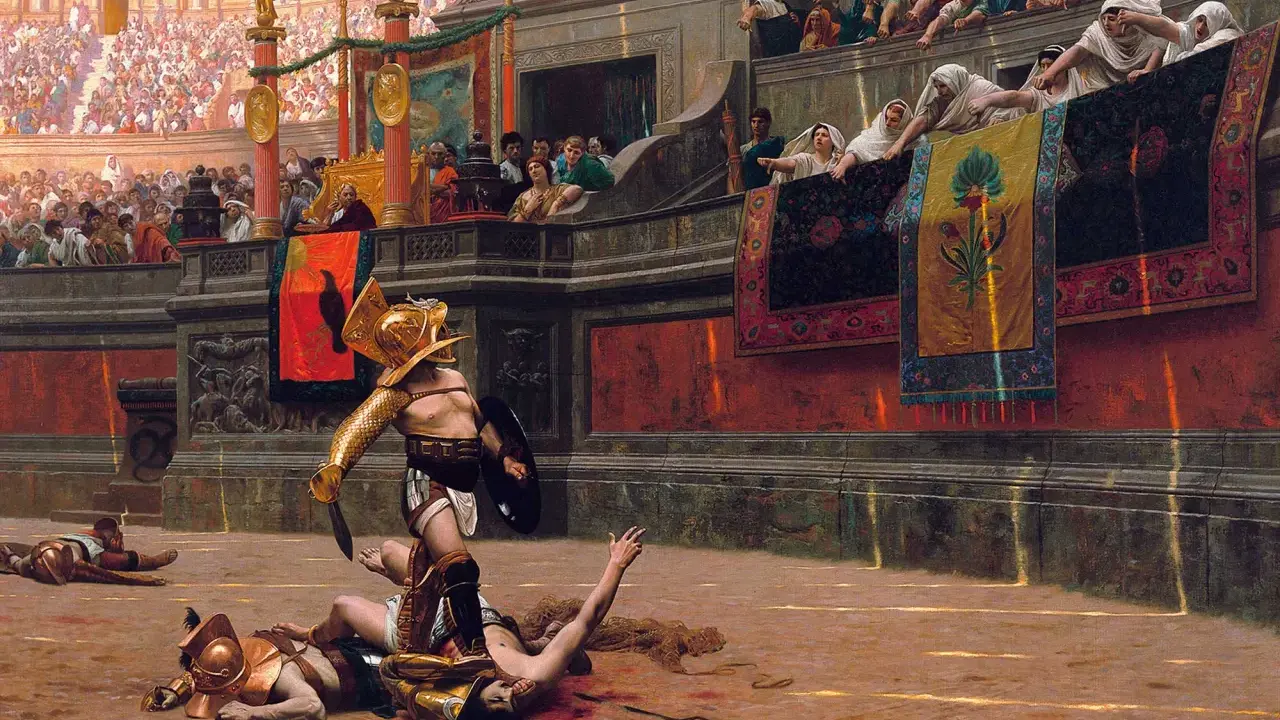 Ein siegreicher Gladiator im alten Rom steht über seinen besiegten Gegnern. Die Menge jubelt von den Rängen.