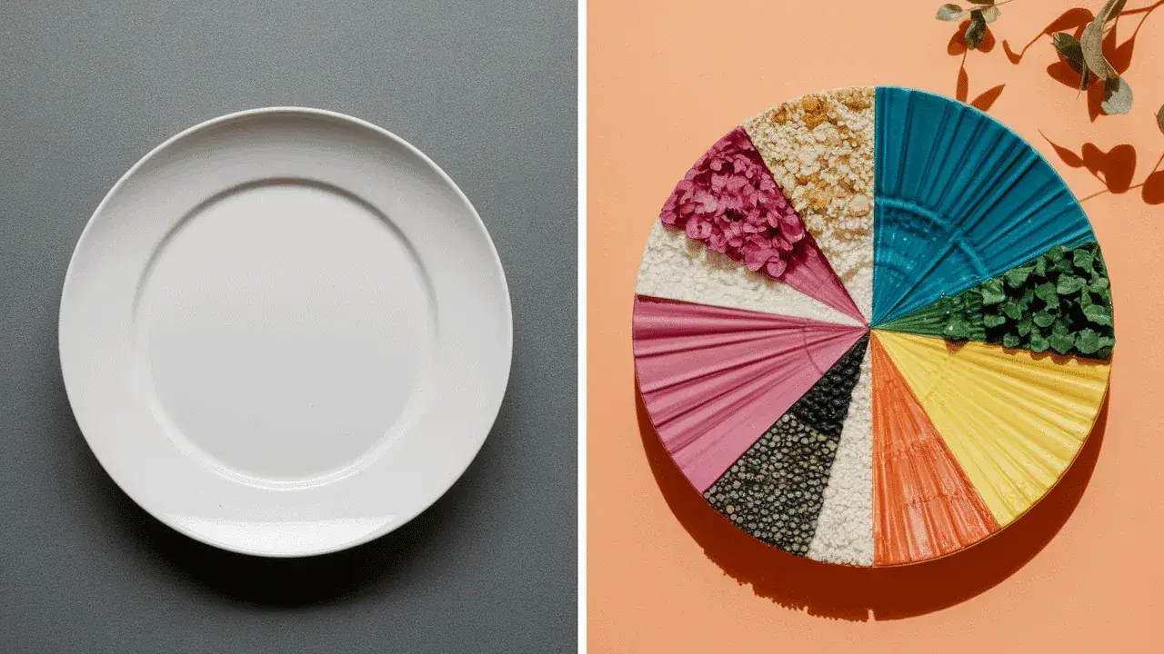 Une assiette blanche à gauche, une roue chromatique de textures et couleurs alimentaires à droite. Un vrai coup de food !