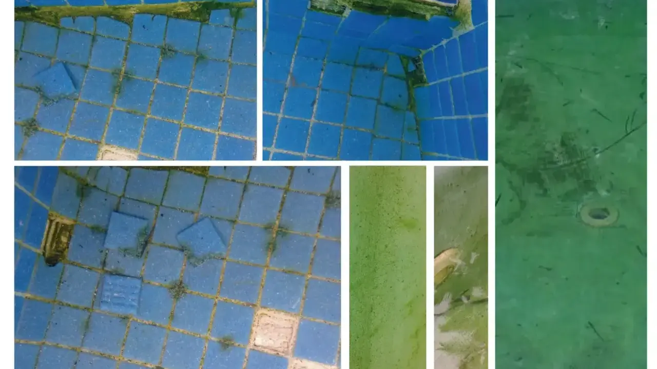 La piscina está cubierta de algas verdes, cubriendo las baldosas azules y el fondo.