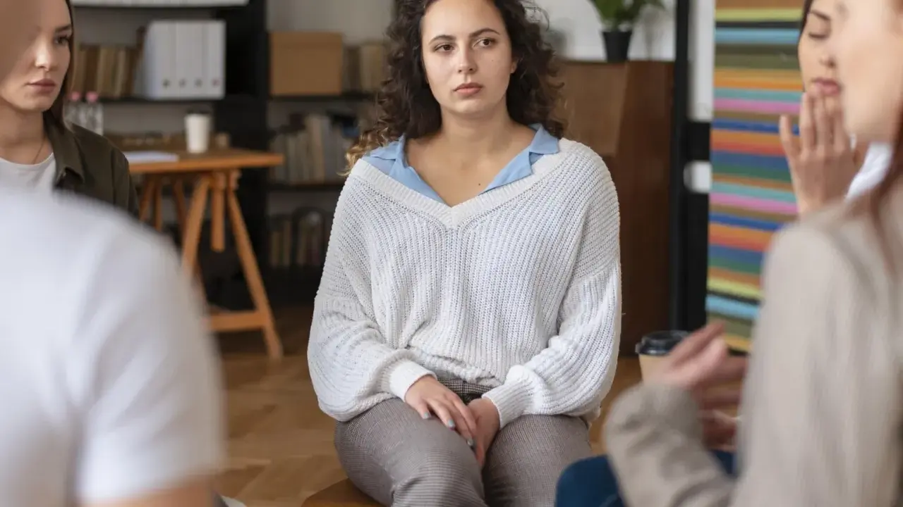Kobieta z kręconymi włosami siedzi w kręgu, jej wyraz twarzy sugeruje zmaganie się z objawami OCD.