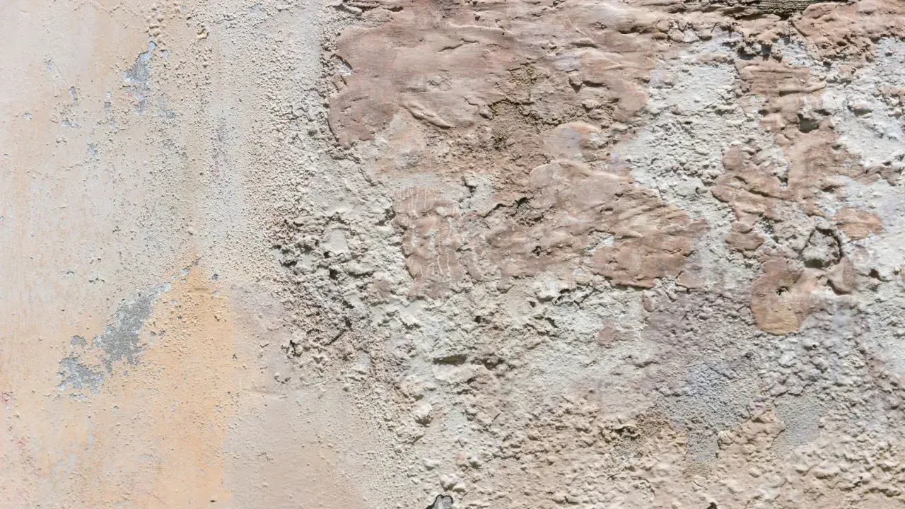 Texture d'un vieux mur dégradé, révélant des traces de salpêtre et des couches de peinture écaillée.