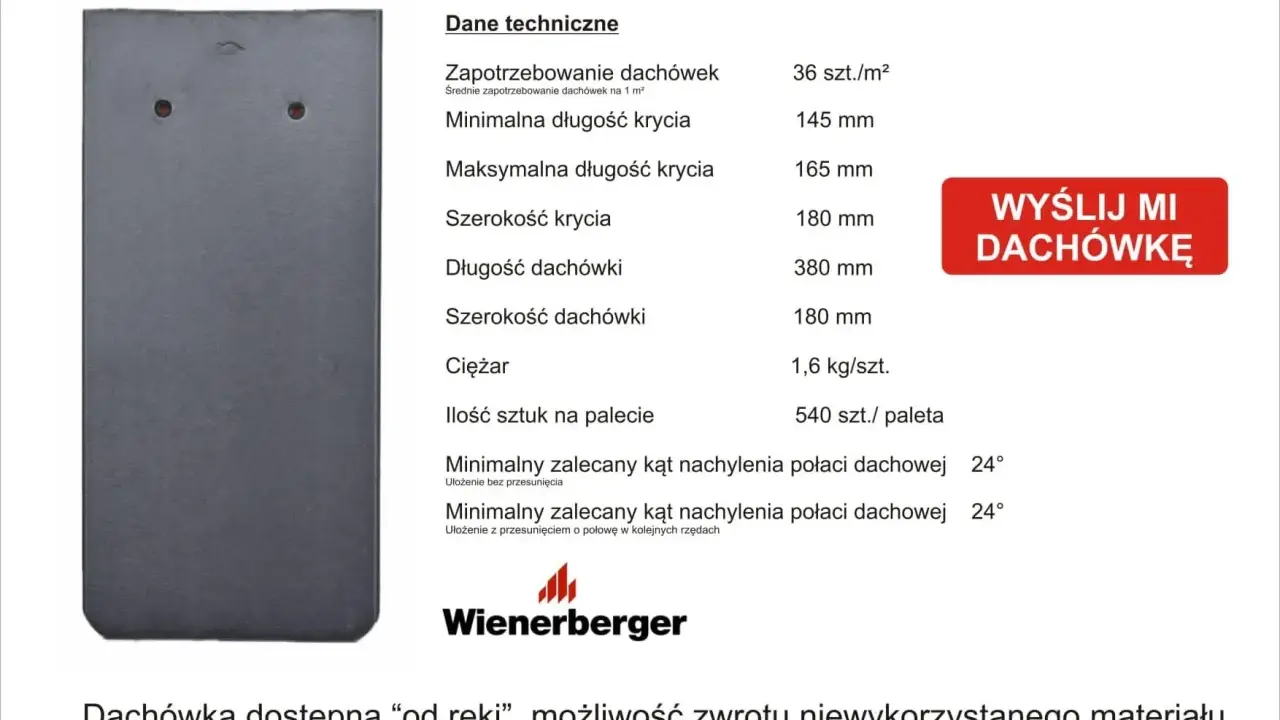 Dachówka karpiówka prosta antracytowa. Wymiary dachówki karpiówki: 380 mm długości, 180 mm szerokości.