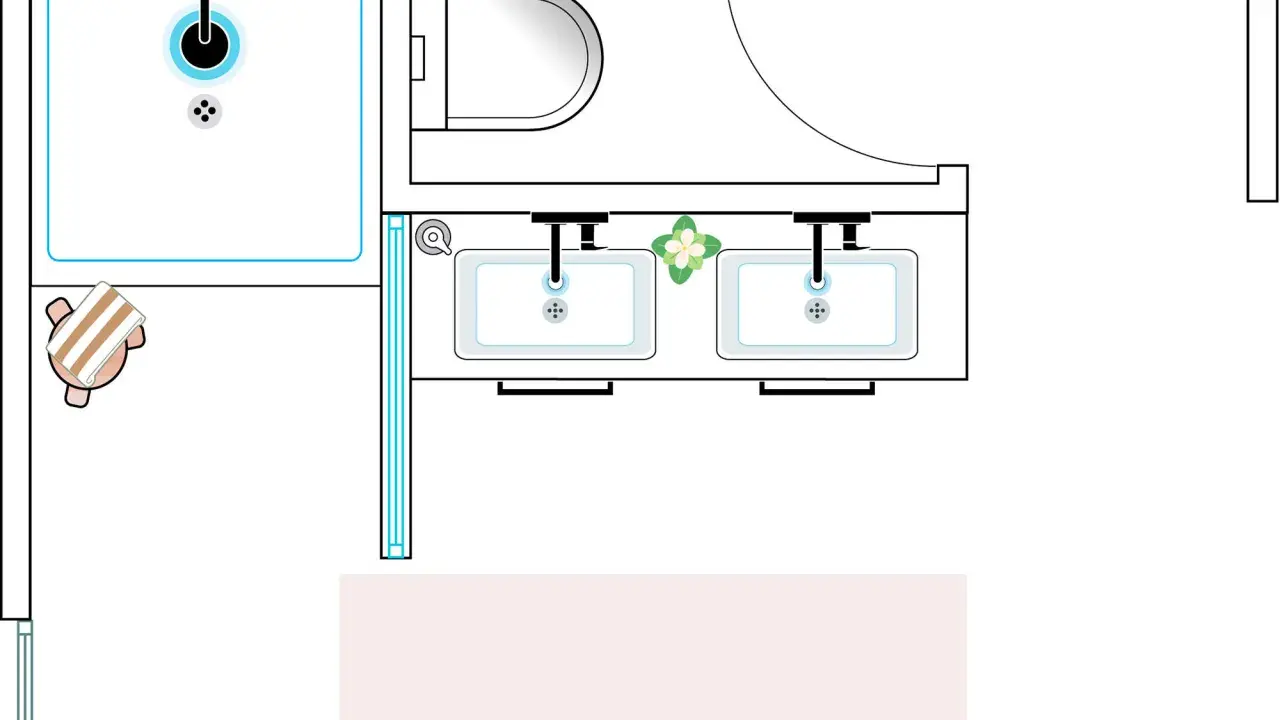 Plano de baño con ducha, inodoro, lavabo doble y toalla. Incluye detalles para planos de baños con medidas.