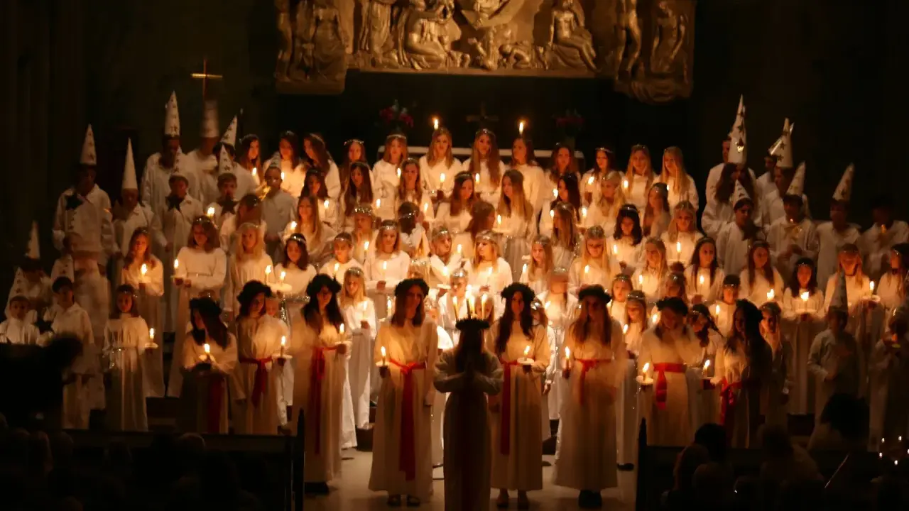 Stor grupp barn och ungdomar i vita kläder och luciakronor, med ljus i händerna, under ett lucia firande i Stockholm.