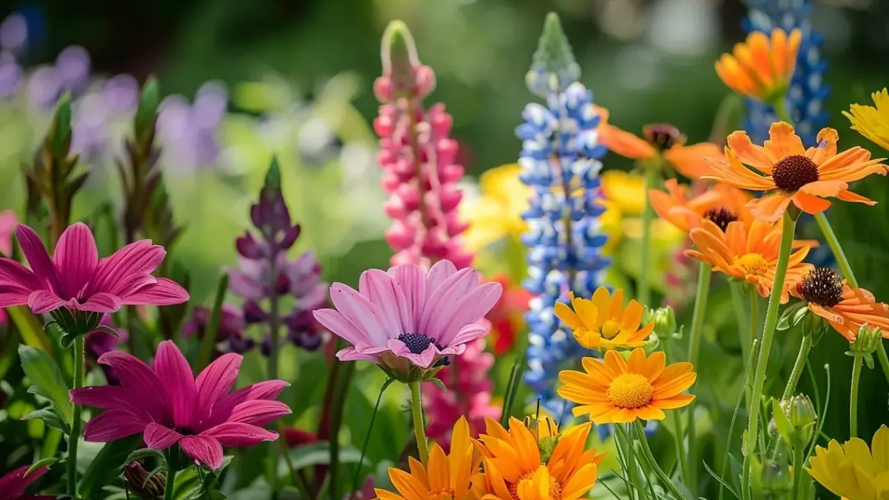 Un joyeux mélange de fleurs colorées, parfaites pour une jardinière : marguerites roses, lupins bleus et roses, et des fleurs orange vif.