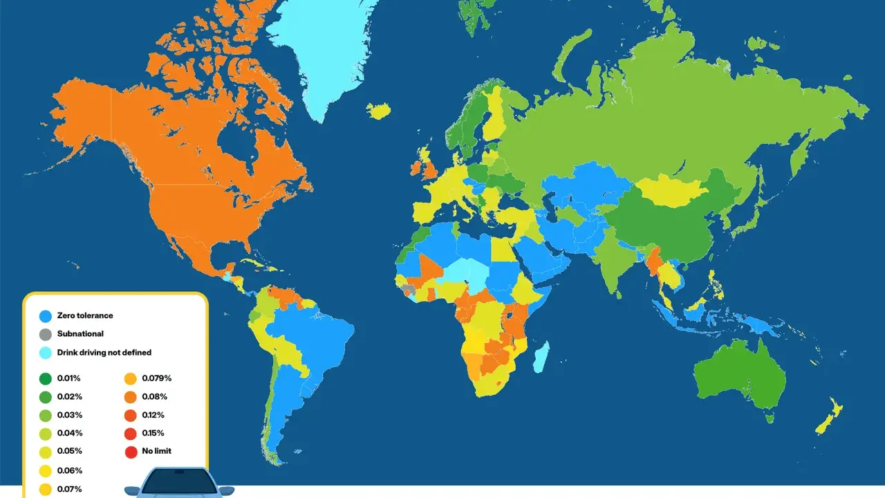 Mapa świata pokazuje limity promili we krwi podczas jazdy. 0.08 ile to promili? W niektórych krajach jest to 0.08%, w innych 0.05% lub zero tolerancji.