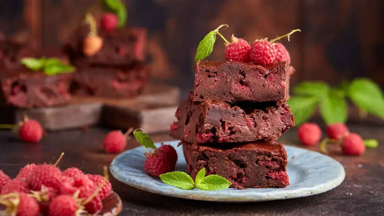 Stos pysznych brownie z malinami, ozdobiony świeżymi malinami i listkami mięty.