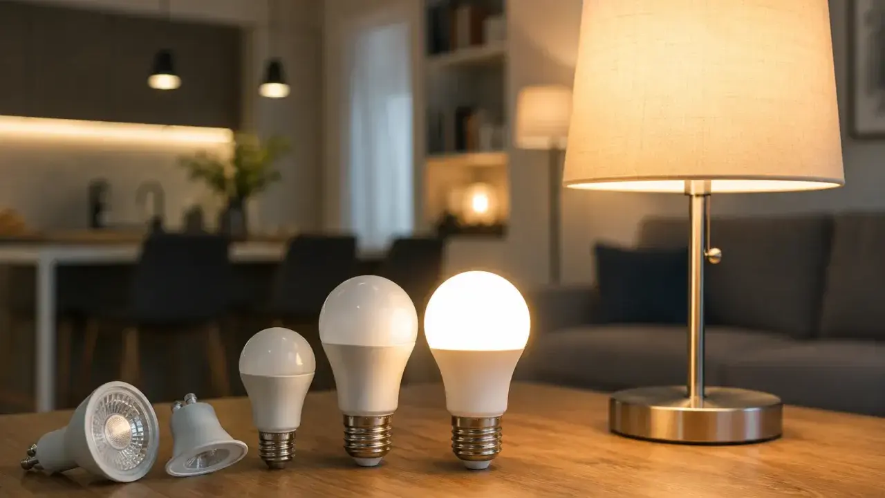 Różne żarówki LED na drewnianym stole. Czy 1000 lumenów to dużo? W tle salon z lampą stołową.