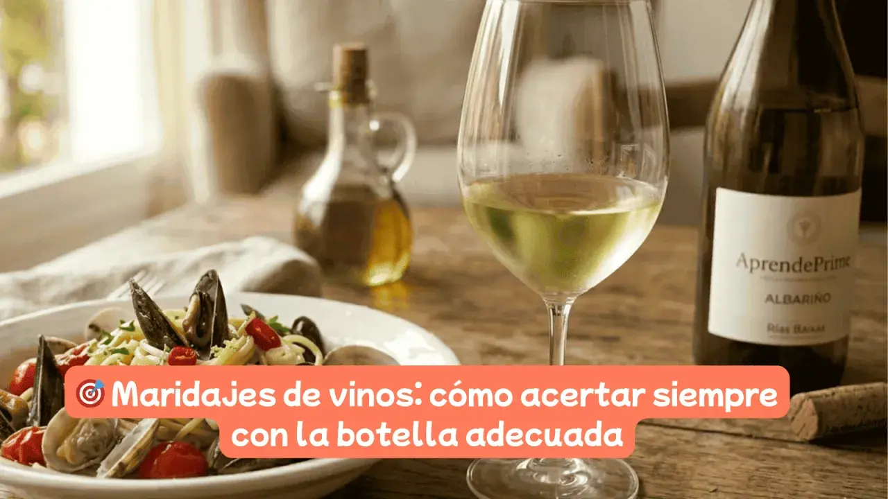 Plato de pasta con mariscos, copa de vino blanco y botella de Albariño. Guía para maridajes de vinos perfectos.