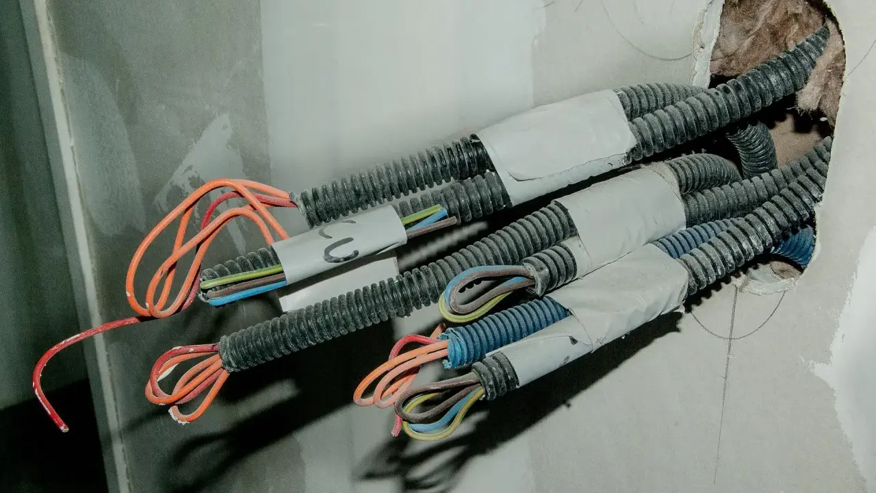 Przewody elektryczne w peszlach wychodzące ze ściany, gotowe do połączenia. Widać kolorowe żyły: pomarańczowe, niebieskie, brązowe, zielono-żółte.