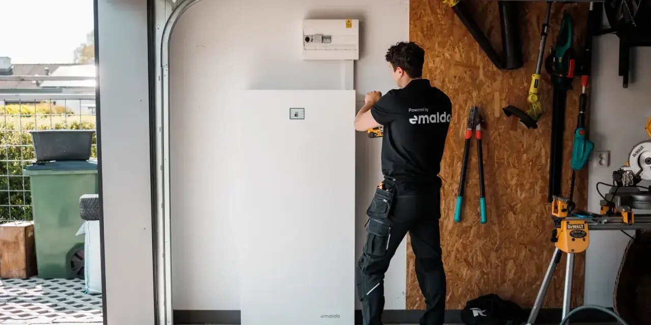 Tekniker installerar ett stort, vitt solpaneler batteri i ett garage. Verktyg hänger på väggen bakom.