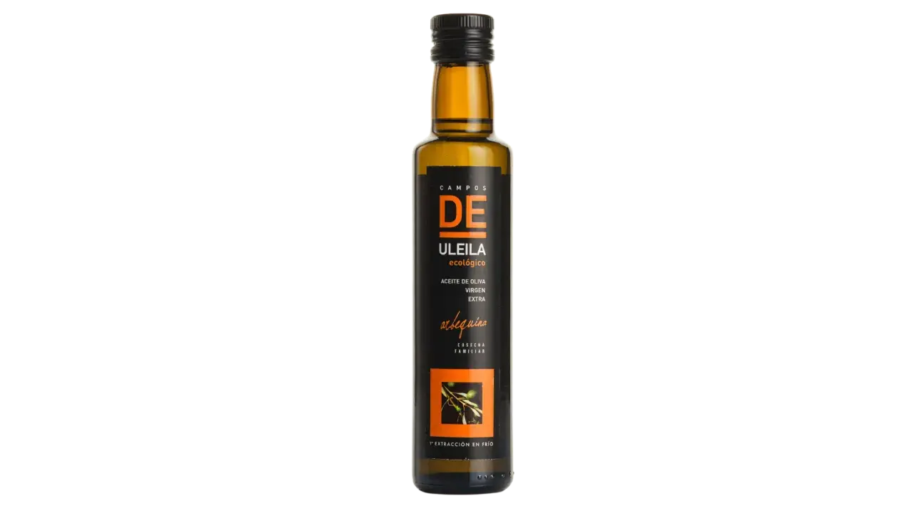 Botella de aceite de oliva virgen extra ecológico Uleila, variedad arbequina. Descubre sus propiedades.