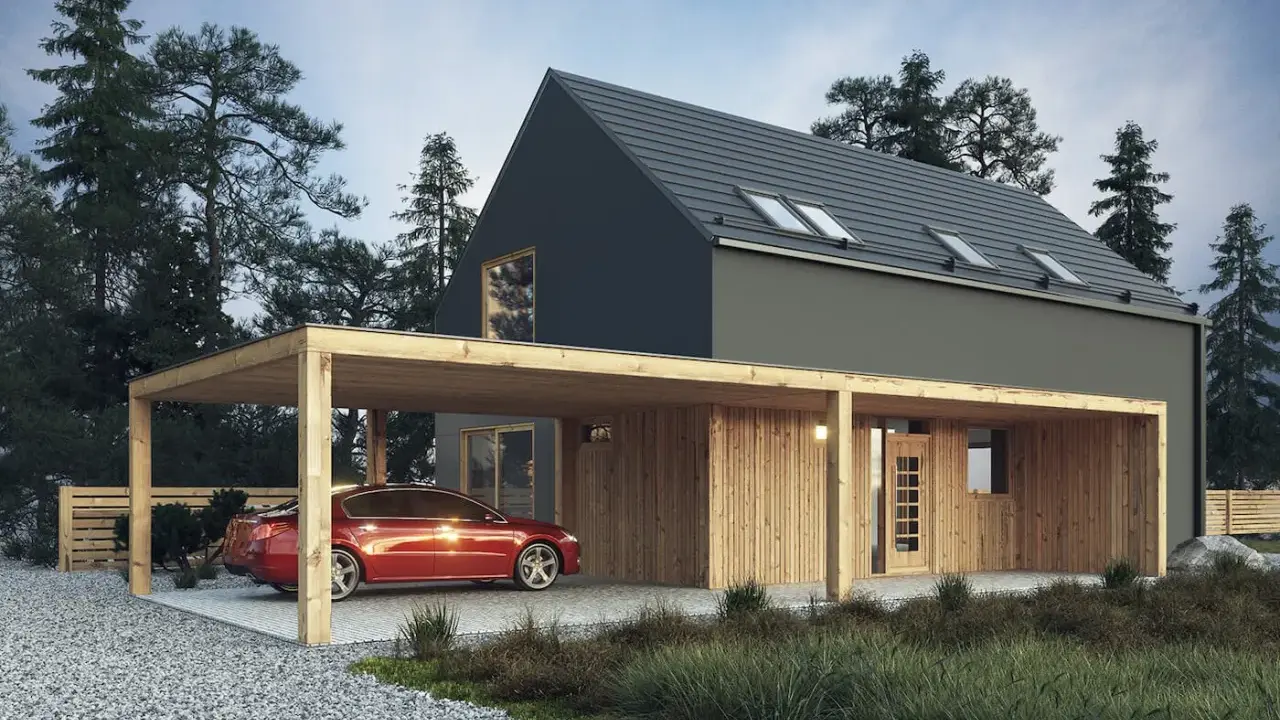 Maison moderne avec carport en bois abritant une voiture rouge. La législation sur les carports est importante pour de tels aménagements.