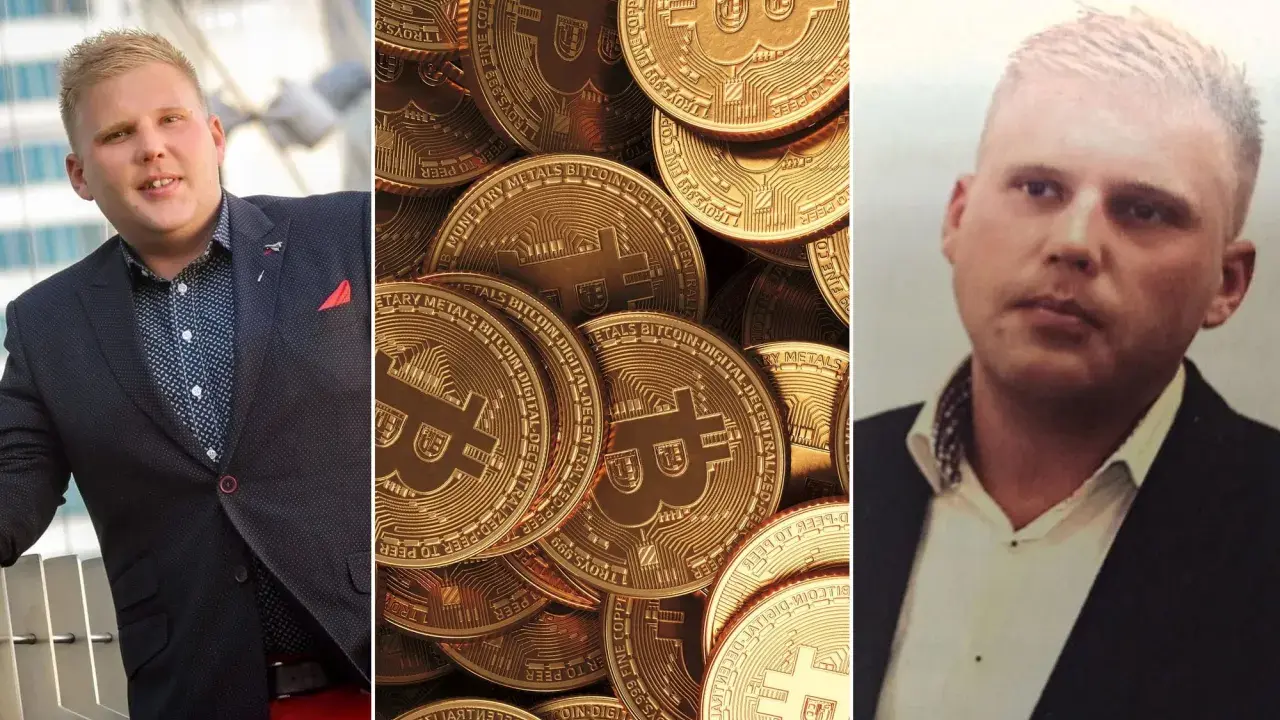 Sylwester Suszek nie żyje. Trzy panele: mężczyzna w garniturze, stos złotych monet Bitcoin, zbliżenie na twarz mężczyzny.