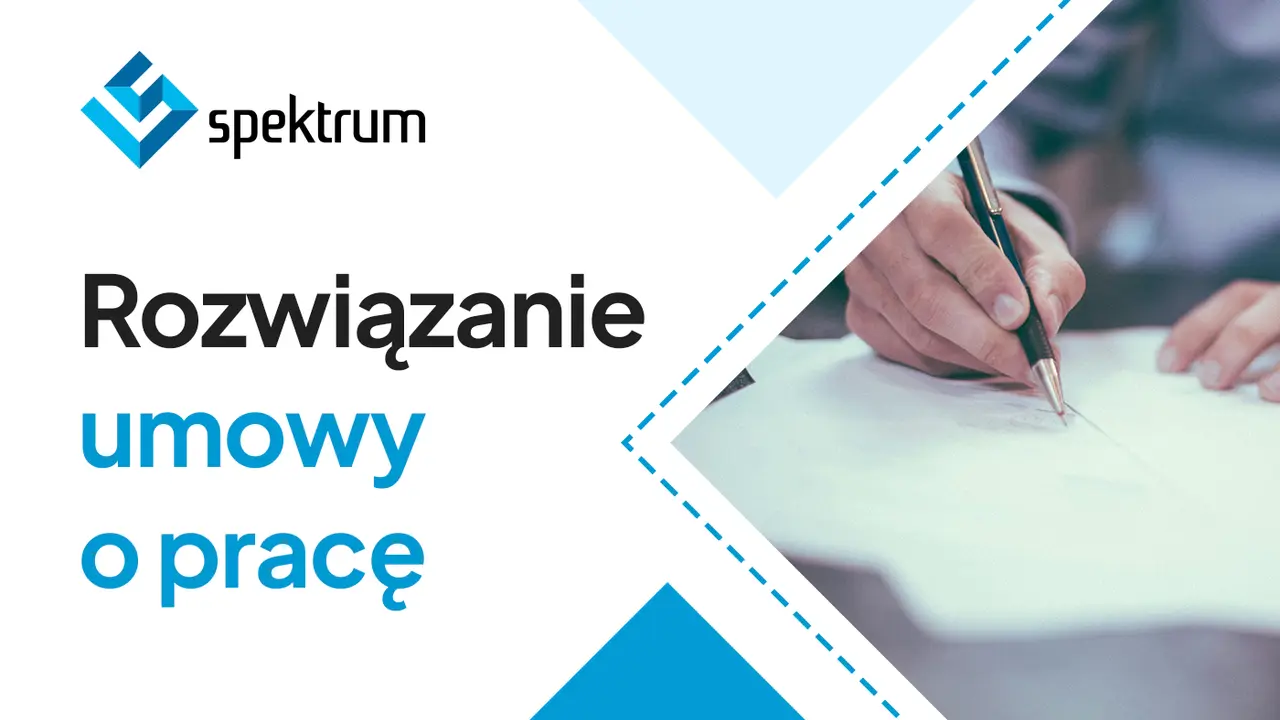 Logo "spektrum" i tekst "Rozwiązanie umowy o pracę". Dłoń podpisuje dokument.