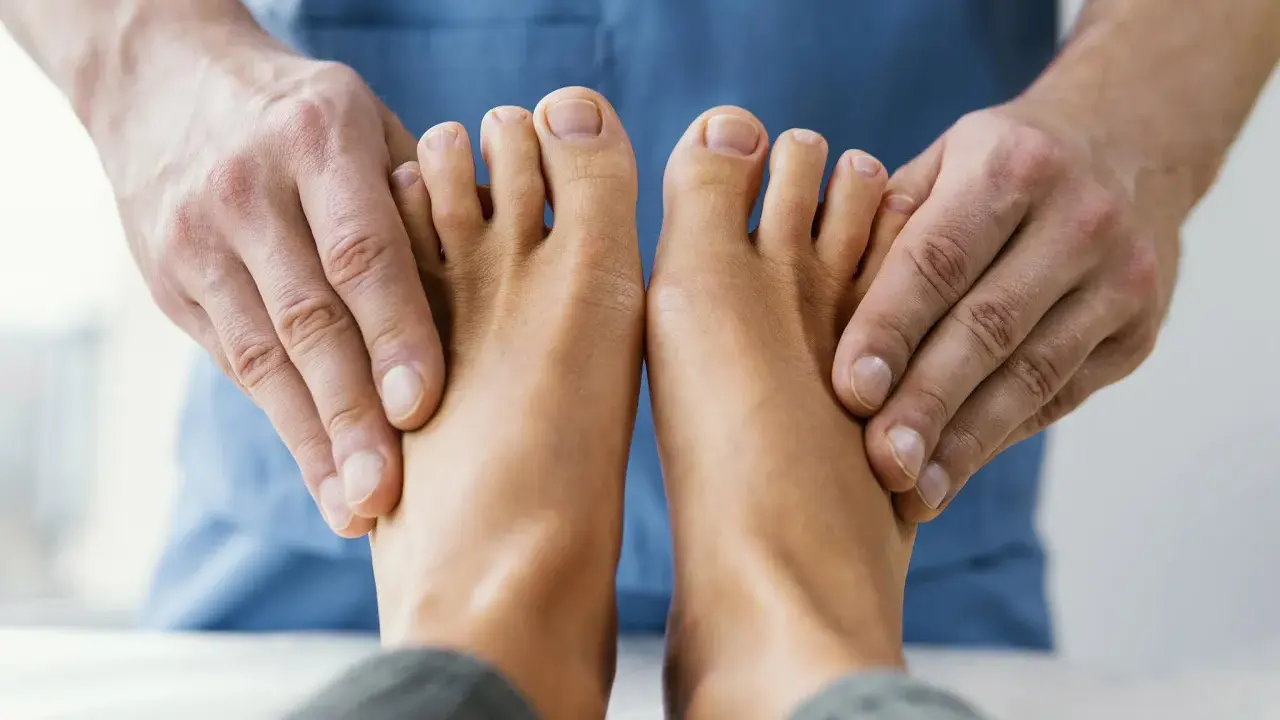 Fizjoterapeuta bada stopy pacjenta, aby zdiagnozować drętwienie palców u nóg.