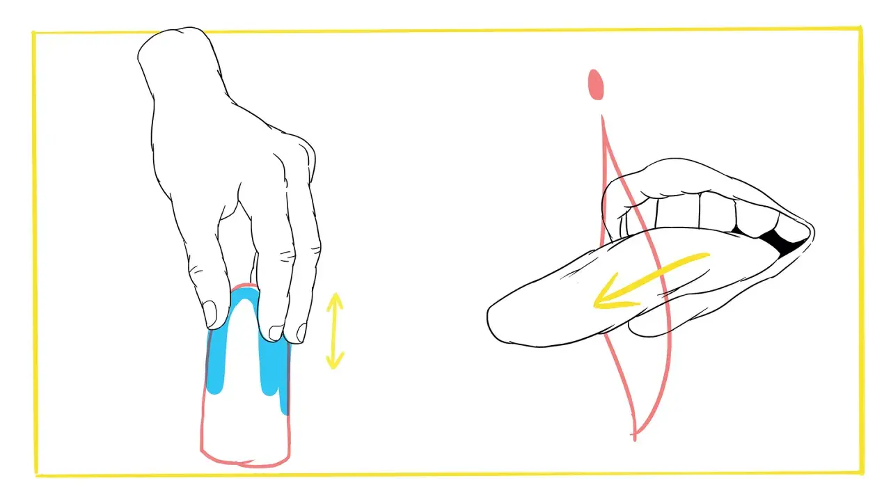 Dłoń trzymająca przedmiot, obok usta z językiem. Ilustracja pokazuje techniki seksu bez penetracji.