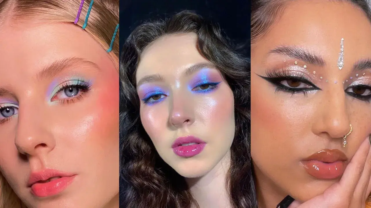 Tres looks de maquillaje para concierto: pastel etéreo, neón vibrante y glitter festivo.