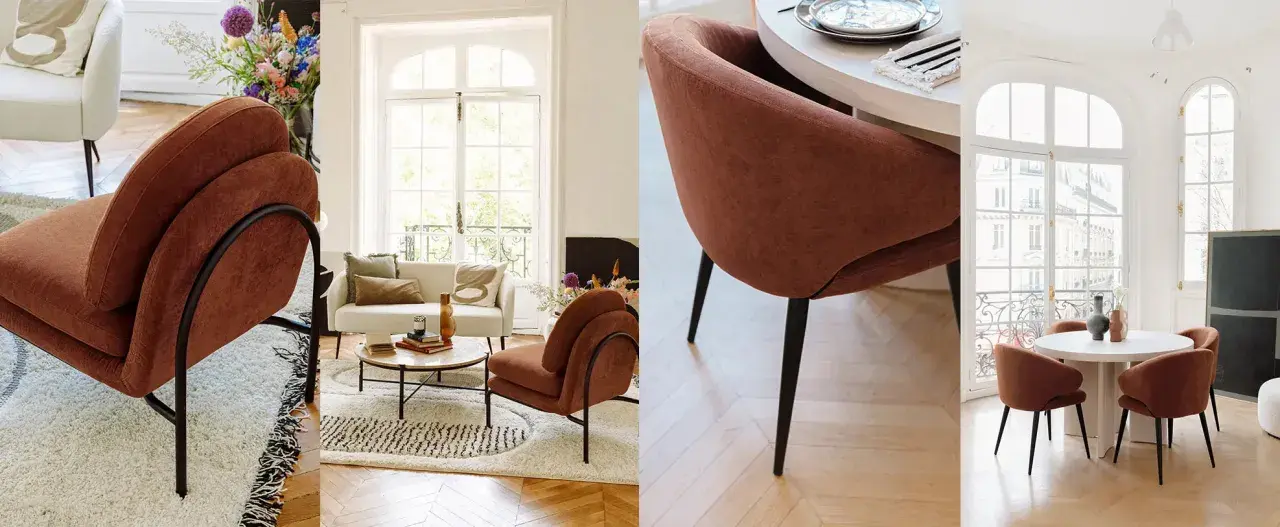 Fauteuils et chaises au tissu doux couleur brun, dans un salon lumineux et une salle à manger moderne.