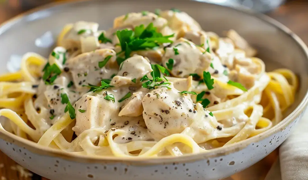 En krämig kyckling pasta med färsk persilja och svartpeppar i en skål.