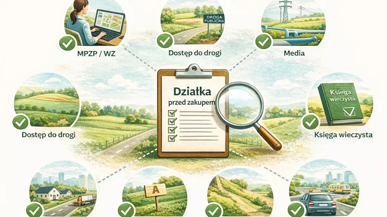 Na co zwrócić uwagę przy zakupie działki: MPZP, dostęp do drogi, media, księga wieczysta, sąsiedztwo, klasa gruntu, ukształtowanie terenu, dojazd.