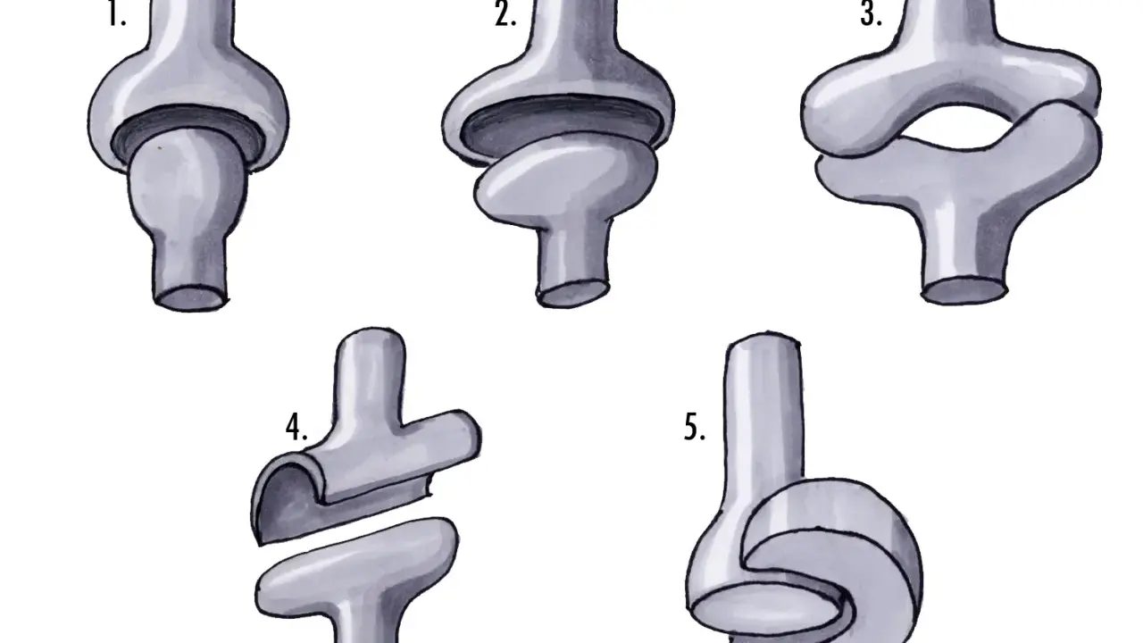 Fünf schematische Darstellungen von mechanische Gelenke Beispielen, die verschiedene Bewegungsarten illustrieren.