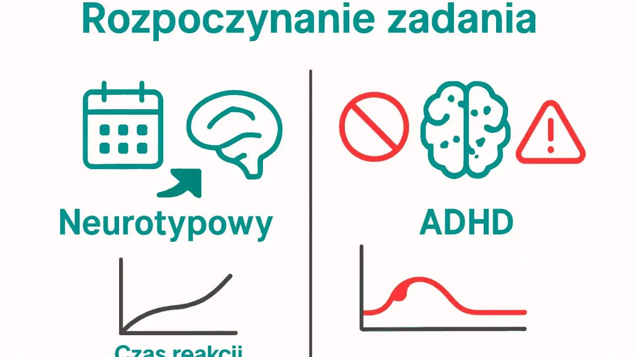 Rozpoczynanie zadań: neurotypowi vs ADHD. Grafika ilustruje różnice w reakcji mózgu, sugerując, że dysortografia może wpływać na czas reakcji.