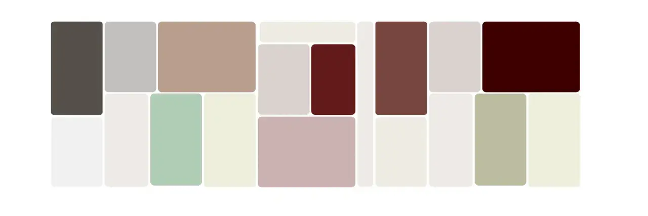 Palette di colori tenui e naturali, con un abbinamento di grigi, beige, verdi salvia e tocchi di bordeaux.
