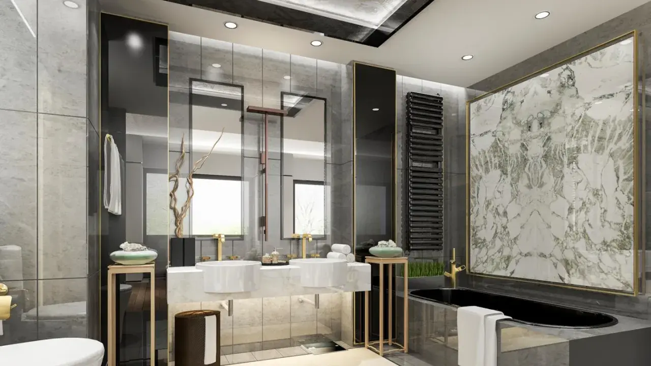 Bagni bellissimi immagini: un bagno moderno con vasca nera, doppio lavabo, specchi e finiture in marmo e oro.
