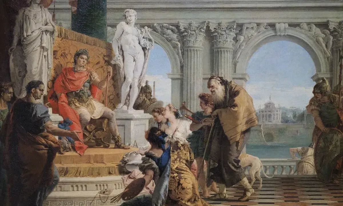 Römischer Herrscher auf Thron, umgeben von Statuen und Menschen. Eine Szene, die an eine **Volksversammlung Rom** erinnert, mit dramatischen Gesten und prächtiger Architektur.