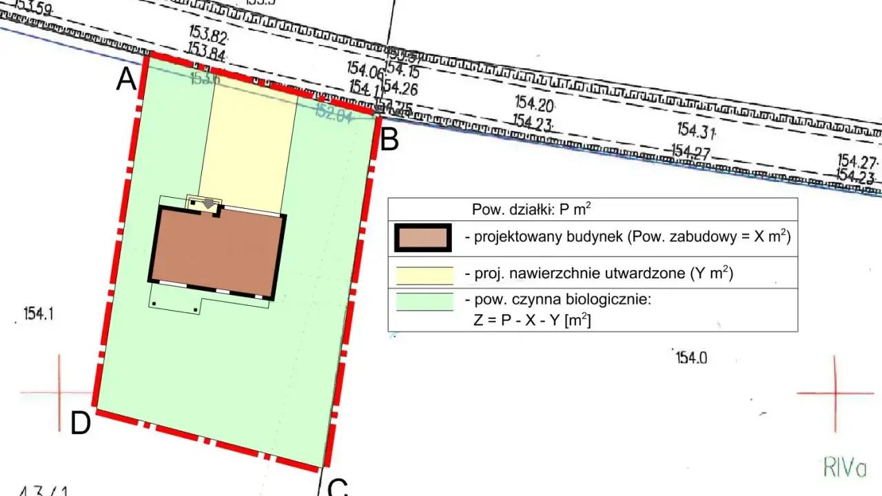 Plan działki z zaznaczonym projektowanym budynkiem i nawierzchniami. Decyzja o warunkach zabudowy określa parametry inwestycji.