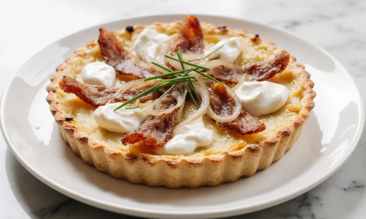 Flamenkuche maison : pâte croustillante garnie de lardons, oignons caramélisés, crème fraîche et ciboulette. Une recette simple et savoureuse.
