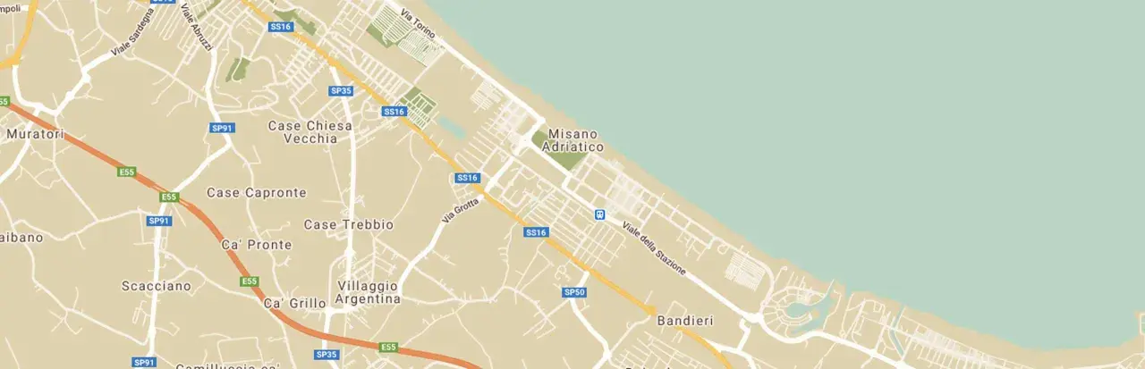 Mappa stradale che mostra la costa adriatica vicino a Misano Adriatico, con strade, autostrade (E55) e località come Case Chiesa Vecchia.