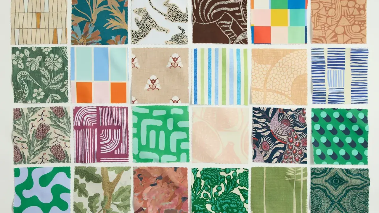 A grid of fabric swatches showcasing diverse fabric patterns: animals, geometric shapes, floral designs, and abstract art.