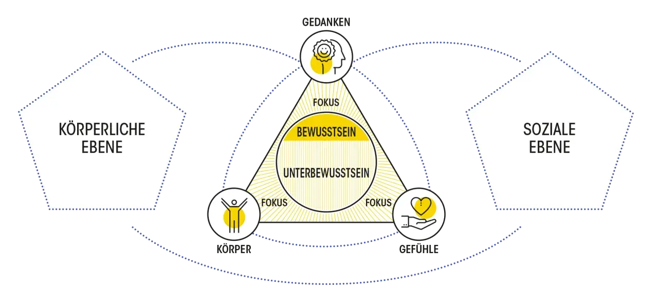 Das Diagramm zeigt, wie Körper, Gefühle und Gedanken unser Bewusstsein beeinflussen. Die soziale Ebene ist eng damit verbunden, was ist sozial.