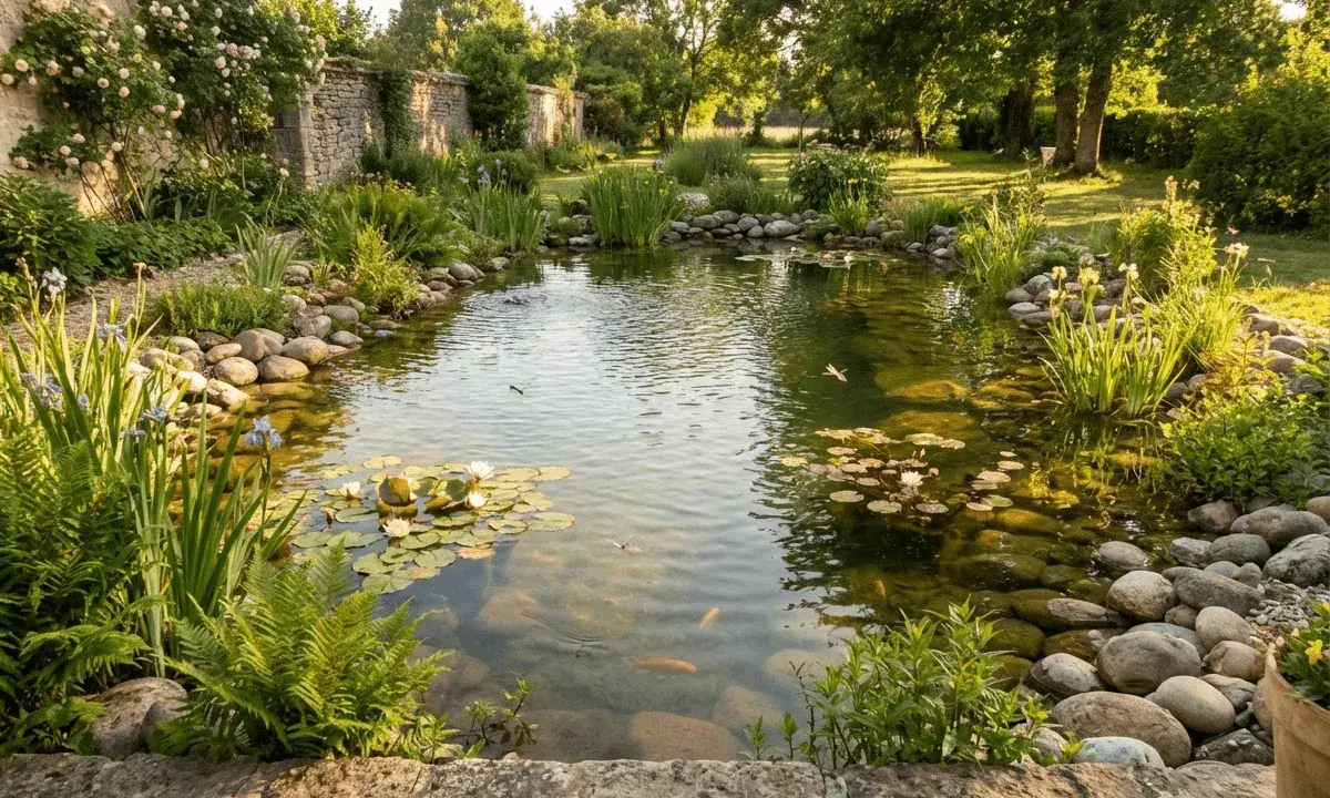 Magnifique aménagement bassin de jardin avec nénuphars, poissons dorés et végétation luxuriante. Un havre de paix naturel.