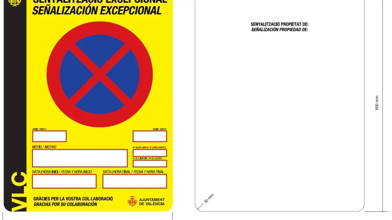 Señalización excepcional de prohibido estacionar, con campos para motivo y fechas. Normativa municipal.