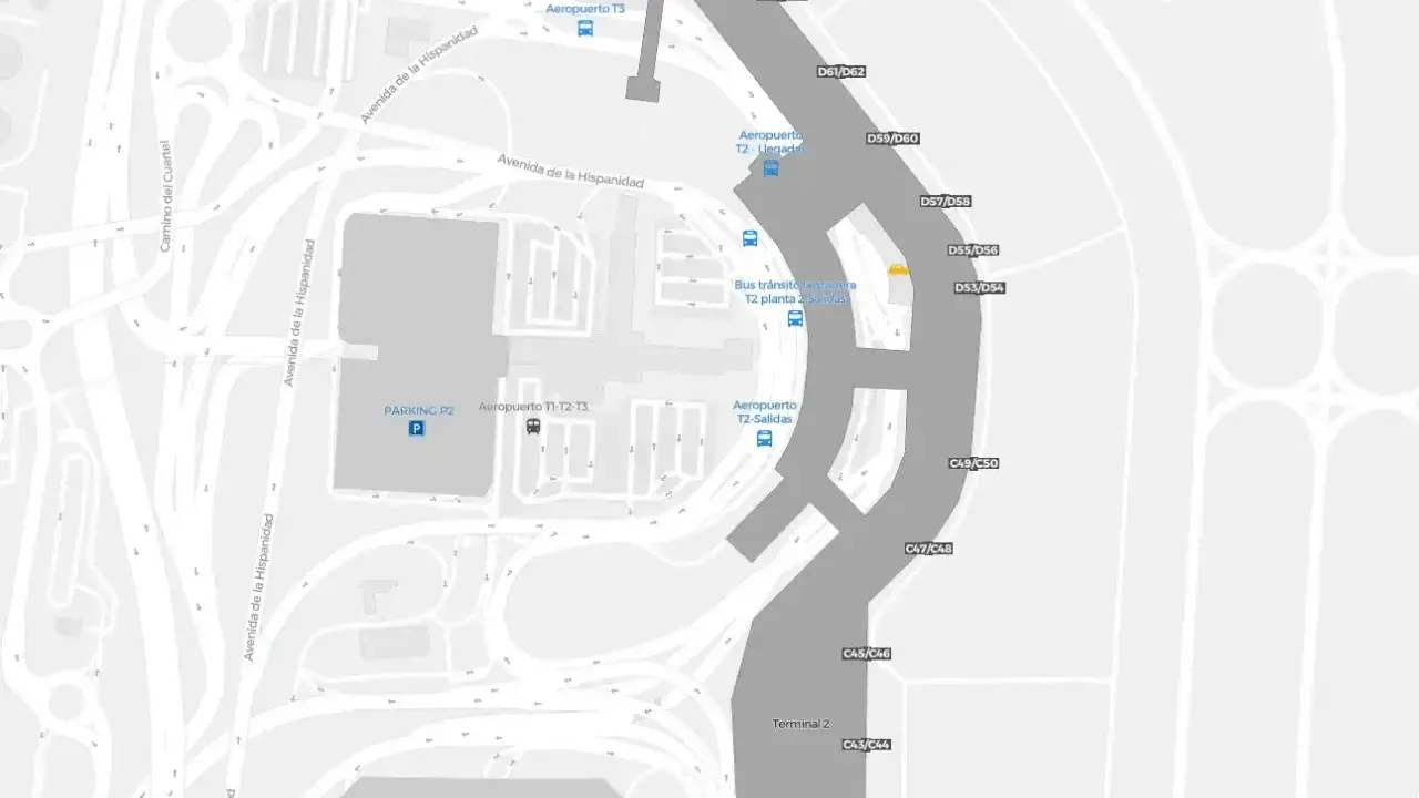 Szczegółowa mapa lotniska Madryt z zaznaczonymi terminalami, parkingiem P2 i drogami. To jest mapa metra Madryt.