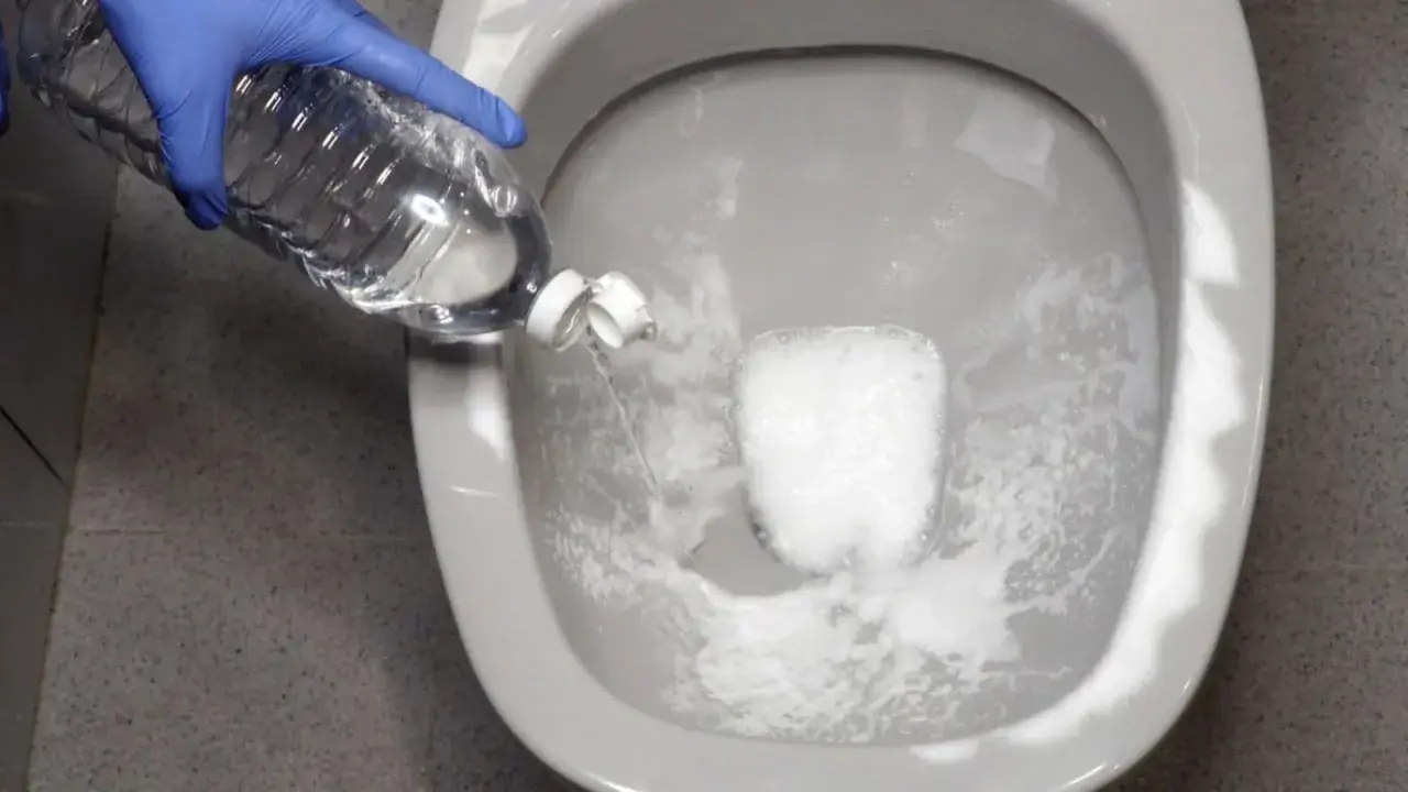Guante azul vierte líquido de una botella en el inodoro. Solución para saber qué hacer si se atasca el vater.
