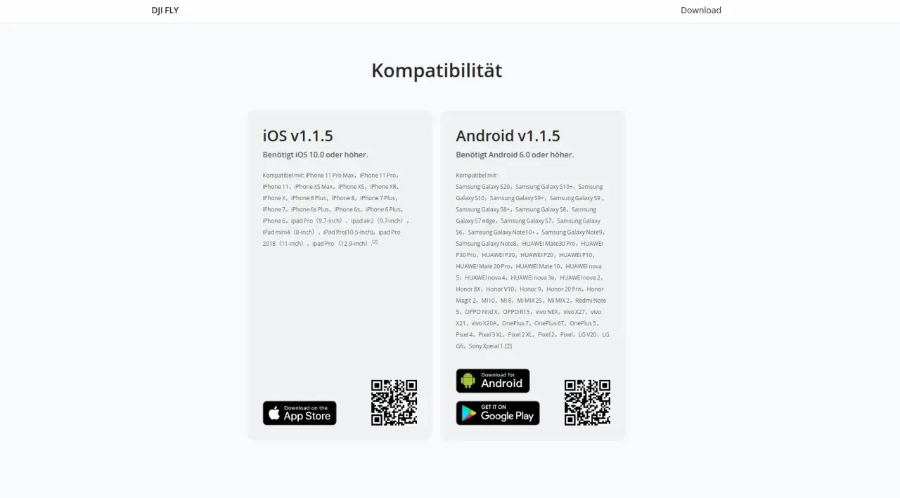 Kompatibilitätsliste für die DJI FLY App: iOS ab 10.0, Android ab 6.0. Hier finden Sie Geräte, um die DJI FLY App zu installieren.