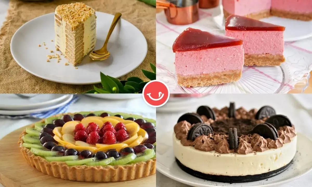 Cuatro originales tartas bonitas: una de capas, dos de fresa y una de frutas.