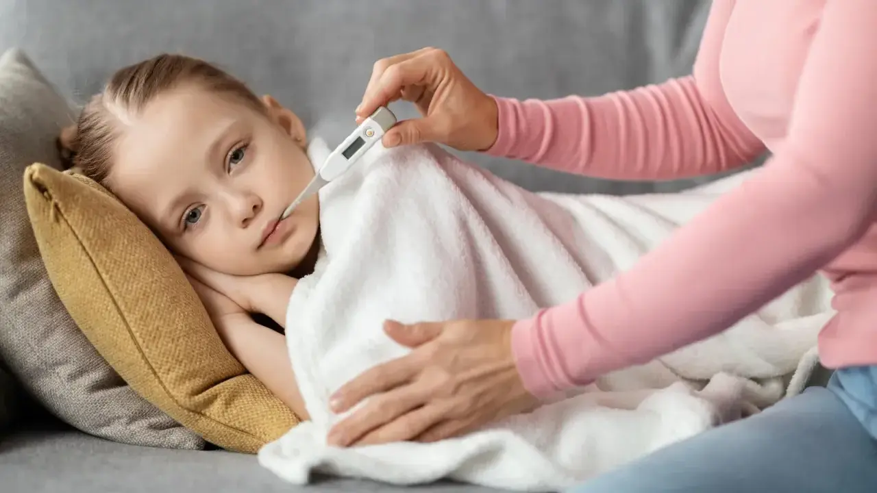Dziecko leży pod kocem, mama mierzy mu temperaturę. Wysoka gorączka u dziecka bez innych objawów martwi.