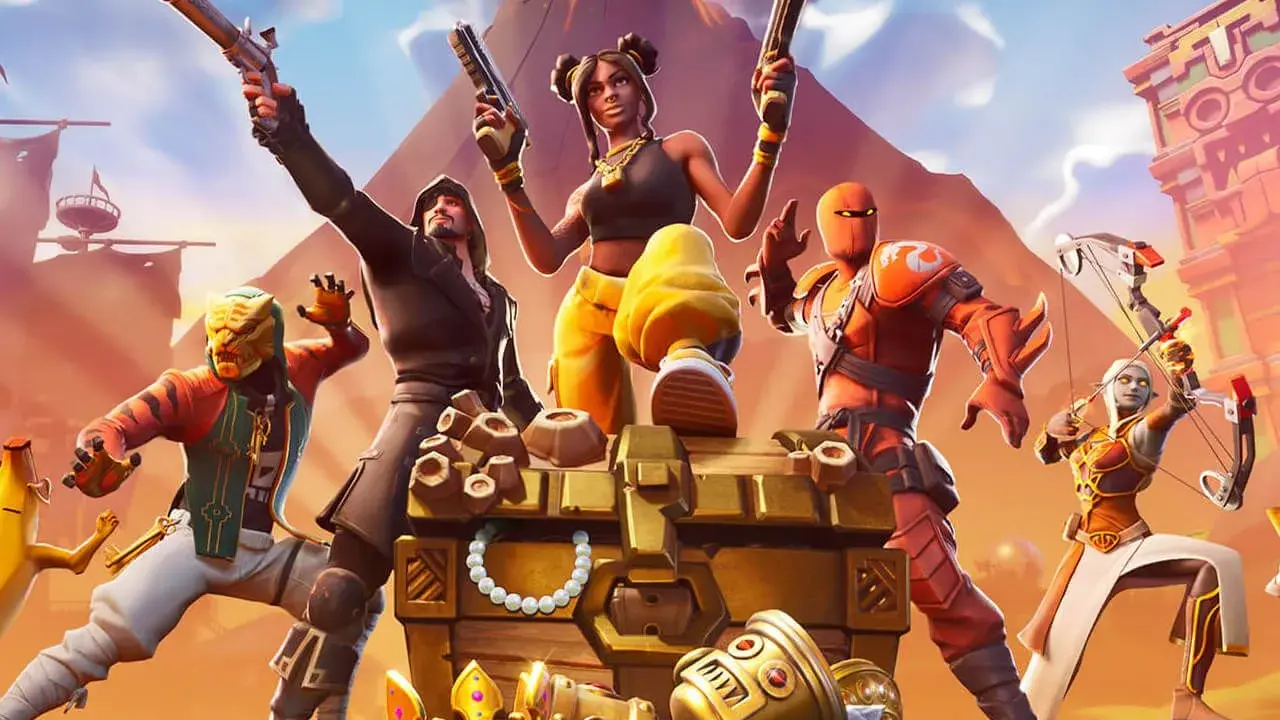 Postacie z gry Fortnite przy skrzyni pełnej skarbów. Idealne darmowe gry na PS4 dla każdego gracza!