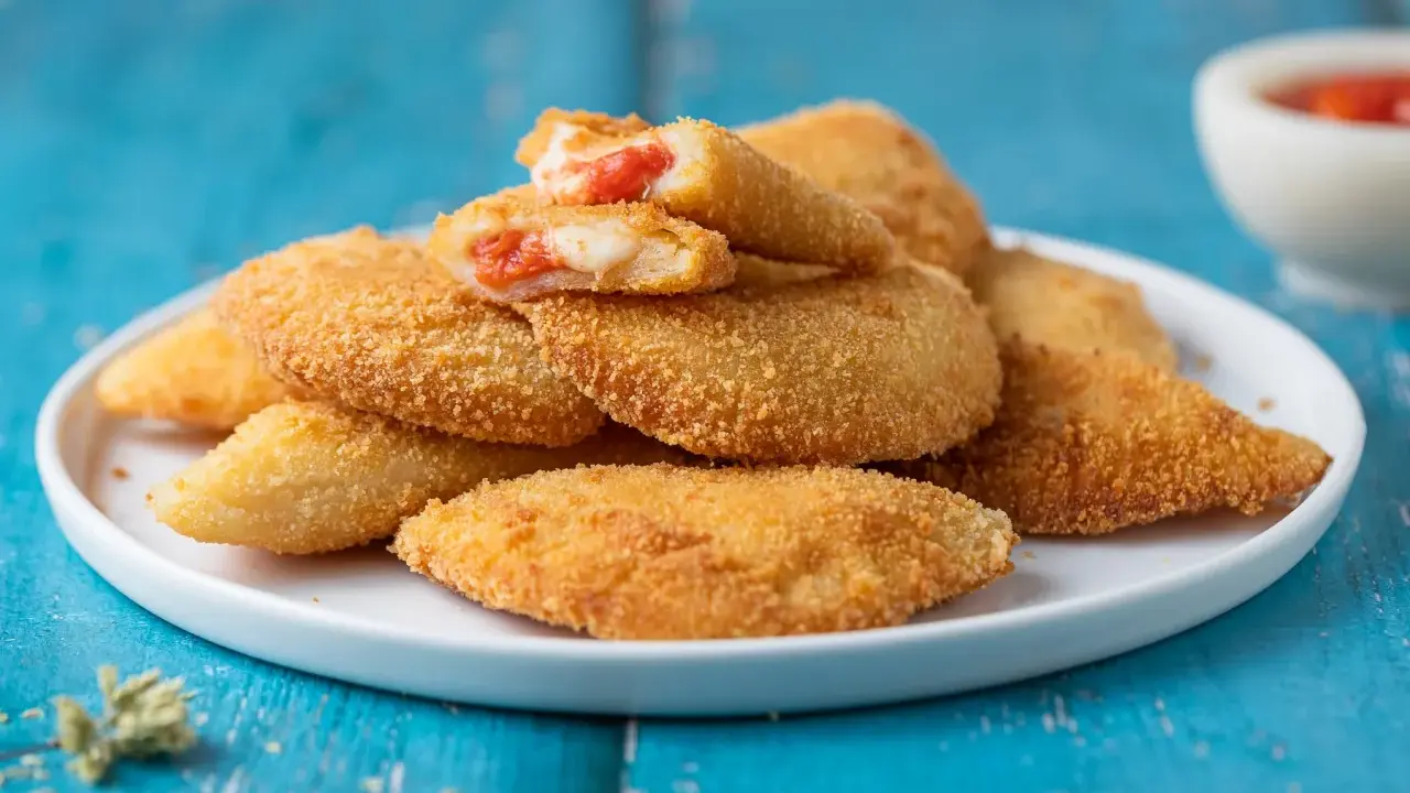 Sofficini fatti in casa dorati e croccanti, ripieni di pomodoro e formaggio filante, pronti per essere gustati.