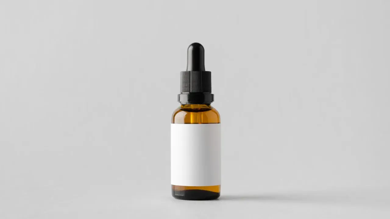 Brązowa buteleczka z pipetką, idealna na serum z witaminą E, np. tocopheryl acetate. Pusta, biała etykieta czeka na Twój opis.