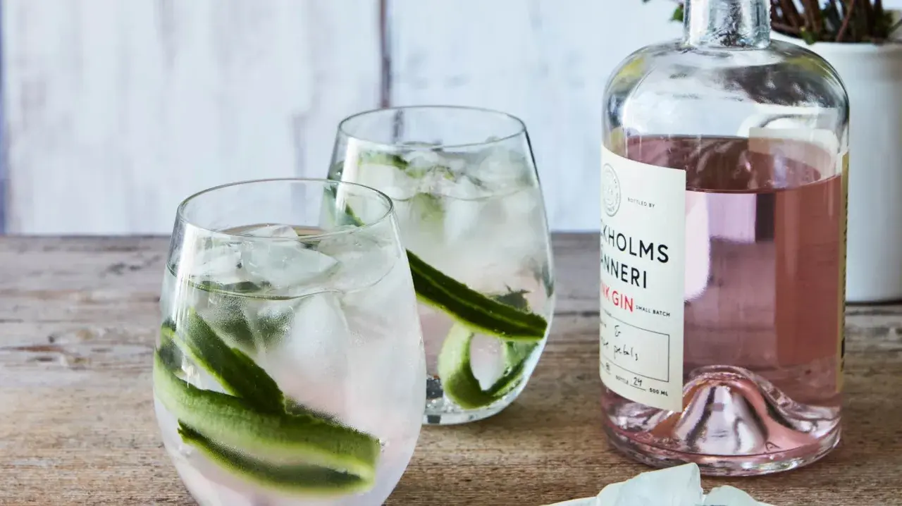 Två glas med rabarber gin & tonic, is och gurka. Bredvid står en flaska rosa gin.