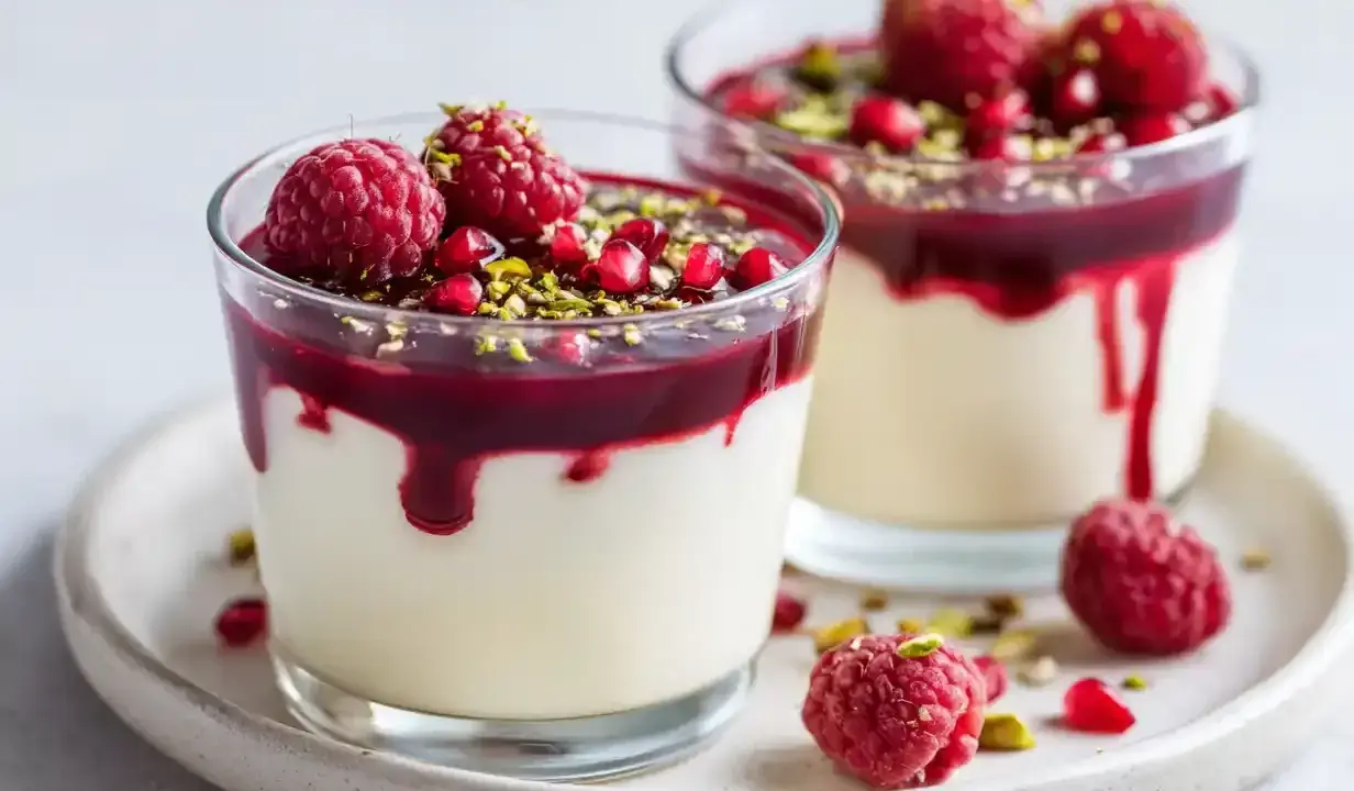 Två glas med krämig dessert, toppad med hallon, granatäppelkärnor och pistagenötter. Ett perfekt recept för en festlig avslutning.