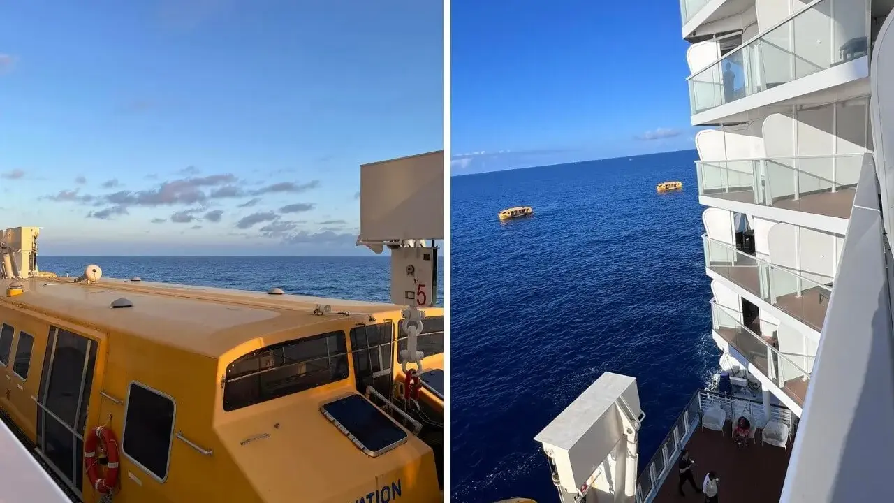 Vista da una nave da crociera: da un lato una scialuppa gialla, dall'altro il mare con altre scialuppe e balconi. Meglio cabina poppa o prua?