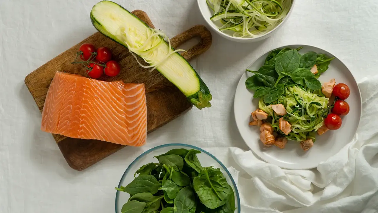 Składniki na dietę low carb: łosoś, cukinia spiralizowana, szpinak, pomidorki. Przepisy na zdrowe posiłki.